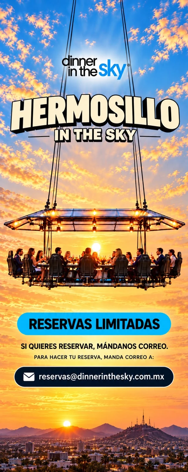Dinner in the Sky Hermosillo. Reservas limitadas. Escríbenos a reservas@dinnerinthesky.com.mx
